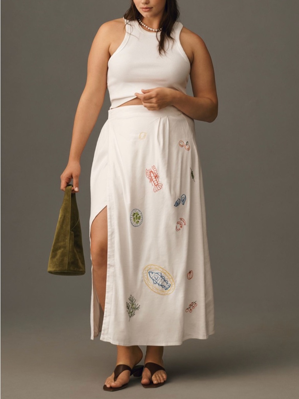 Maeve White Maxi Skirt with Multicolor Embroidery and Side Slit